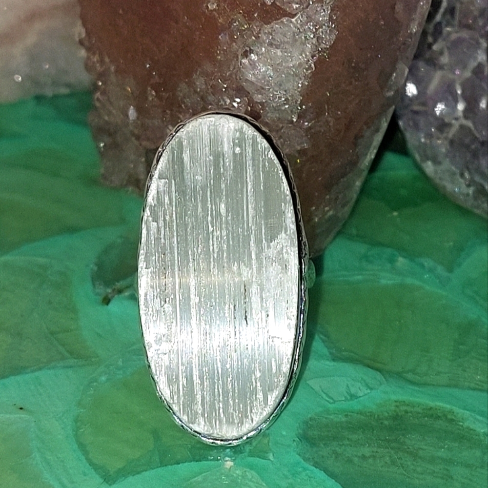Oval Rough Cut Selenite Ring Size 7